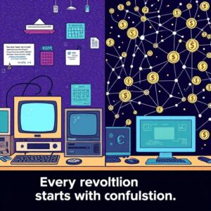 A split-screen illustration showing “The Internet in 1995” on one side (bulky computers, dial-up), and “Blockchain in the present” on the other side (digital wallets, cryptocurrency icons, connected nodes). Caption: “Every revolution starts with confusion.”